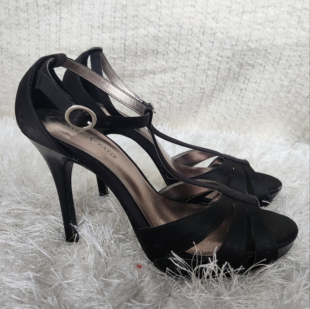 KELLY & KATIE Black Strappy Satin Heels, Size 7
